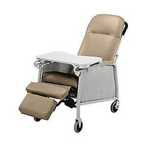 Beige reclining geri chair with tray and wheels
