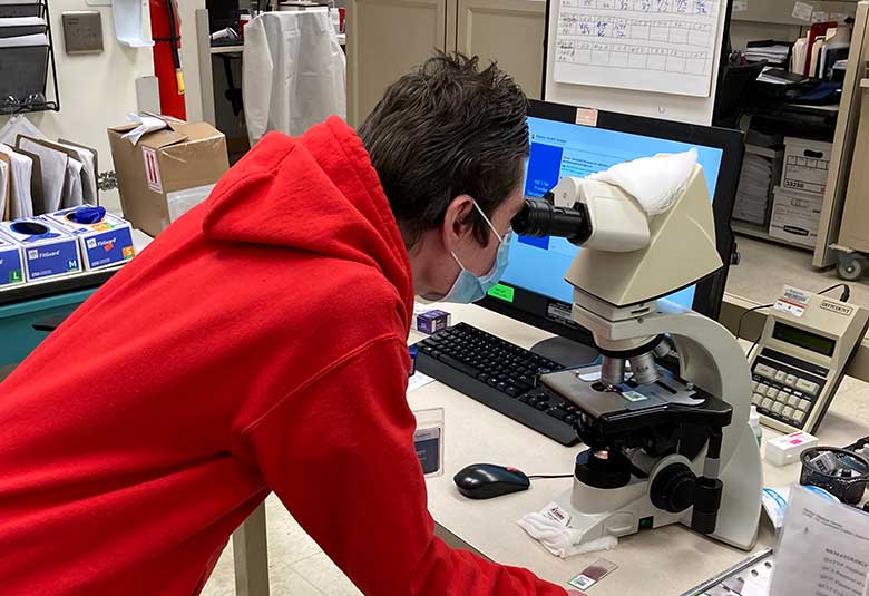 Project SEARCH intern looking into a microscope